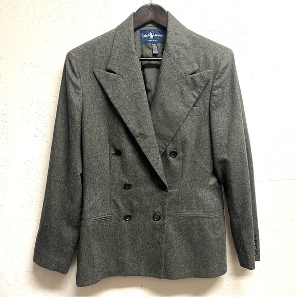 Vintage Ralph Blue Label Lauren Gray Double Breasted Wool Cashmere Blazer Size M - Picture 1 of 12